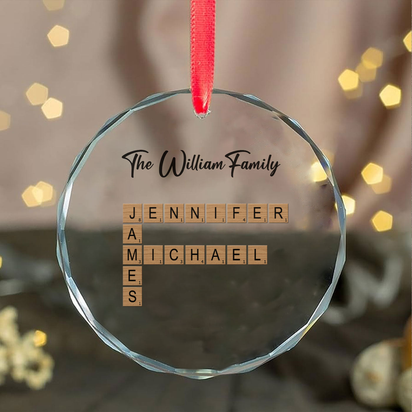 Personalized Crystal Glass Christmas Ornament - Custom Family Crossword Puzzle